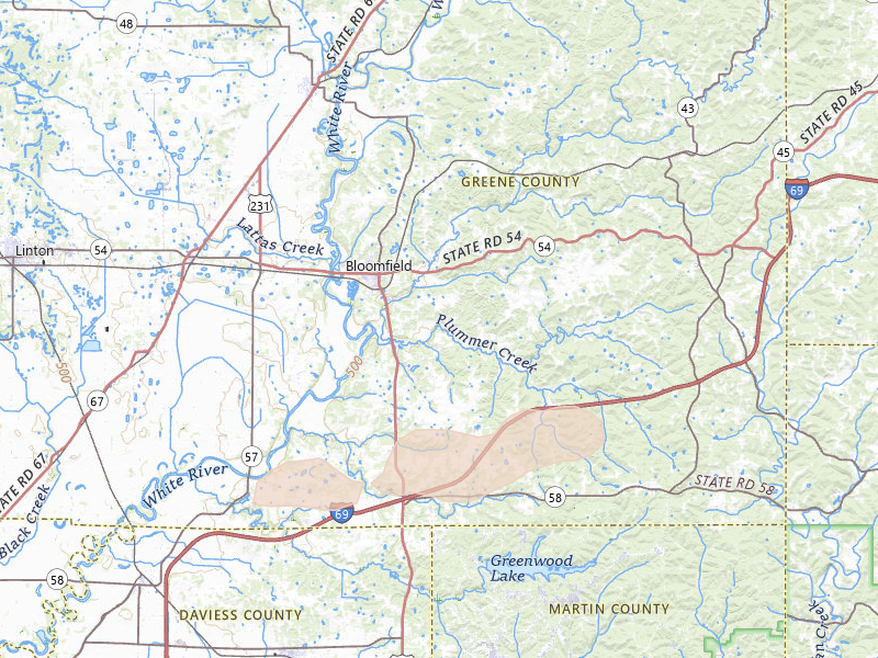 Radar-estimated hail-size map of the storm over Bloomfield, IN on Mar 22, 2026