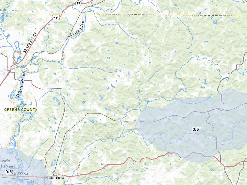 NEXRAD radar-signature map of the hail storm over Bloomfield, IN on May 4, 2026