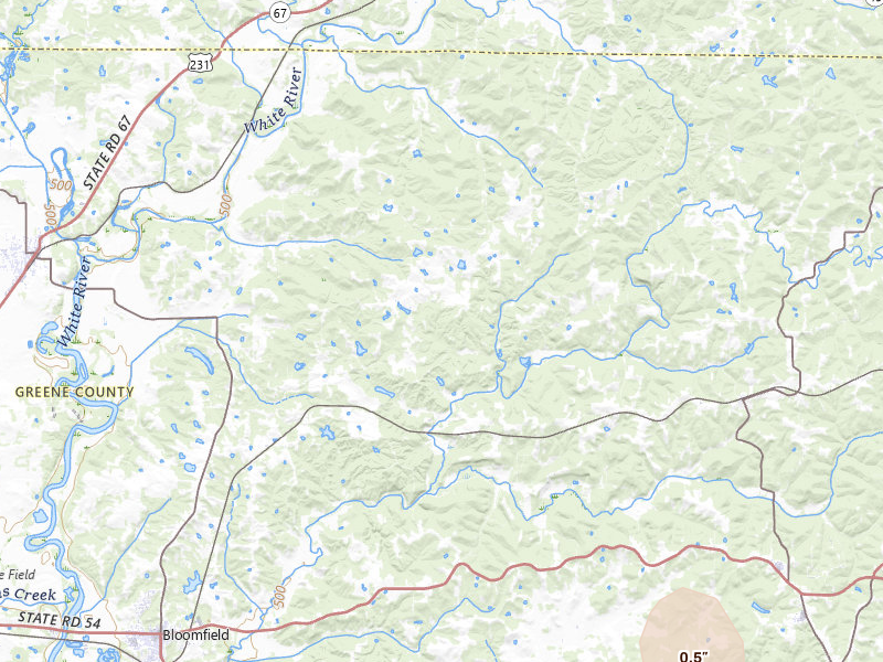 Radar-estimated hail-size map of the storm over Bloomfield, IN on Jul 3, 2026