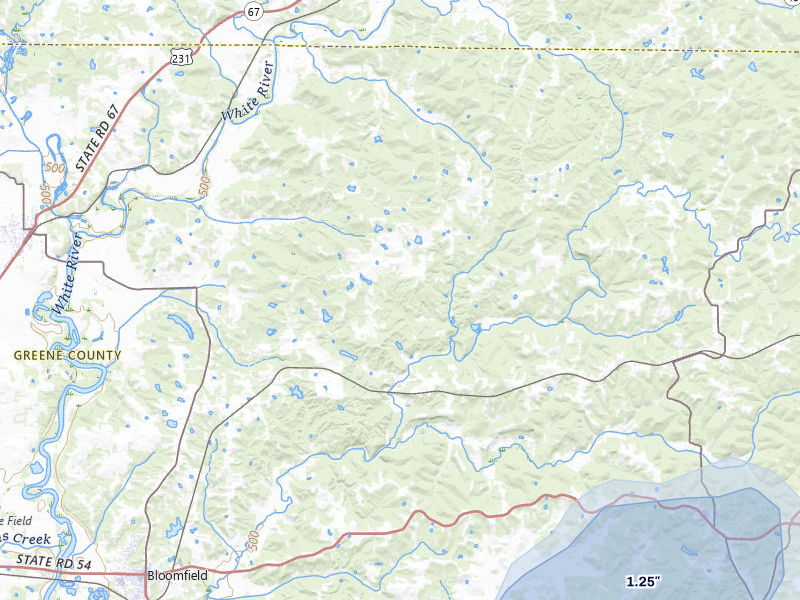 NEXRAD radar-signature map of the hail storm over Bloomfield, IN on Jul 3, 2026
