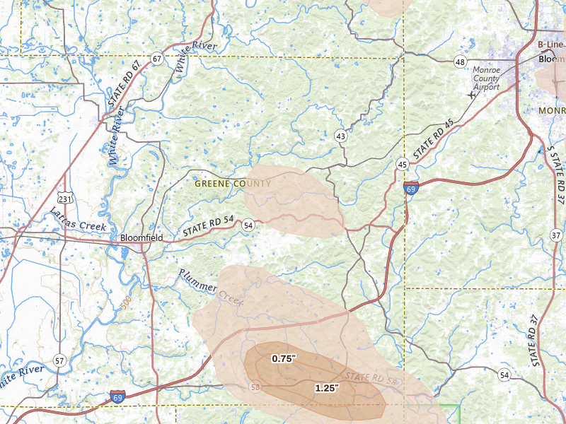 Radar-estimated hail-size map of the storm over Bloomfield, IN on Aug 26, 2026