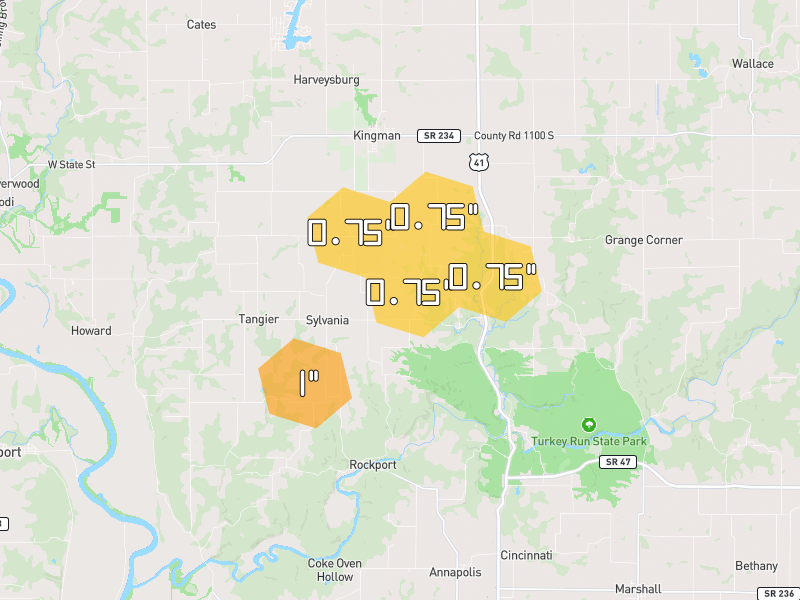 Hail map of Bloomingdale, IN on Jun 9, 2026, hail up to 1"