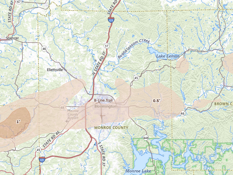 Radar-estimated hail-size map of the storm over Bloomington, IN