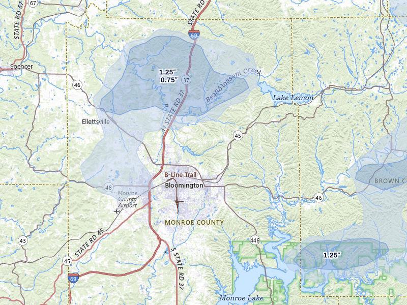 NEXRAD radar-signature map of the hail storm over Bloomington, IN on Mar 22, 2026