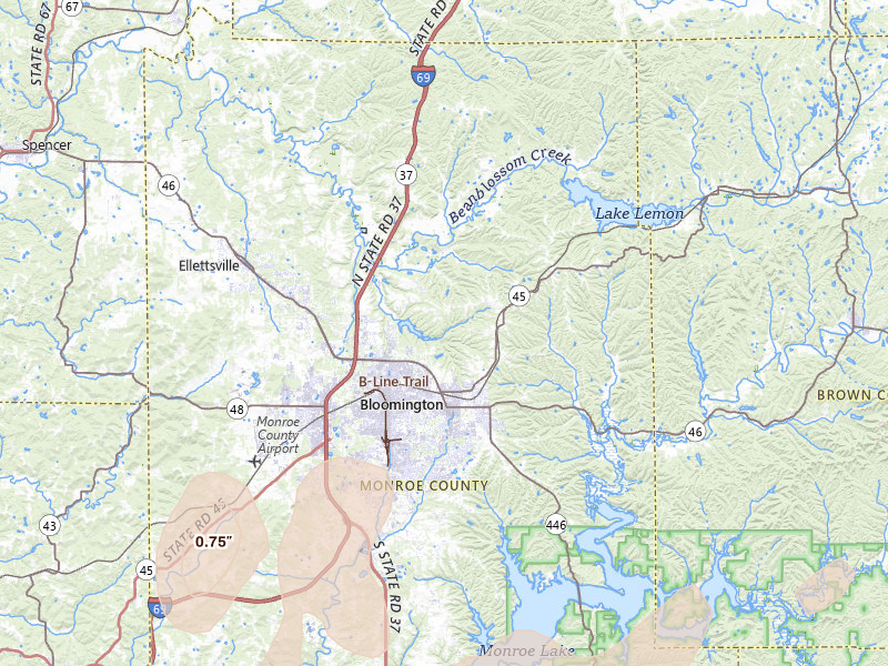 Radar-estimated hail-size map of the storm over Bloomington, IN on Apr 27, 2026