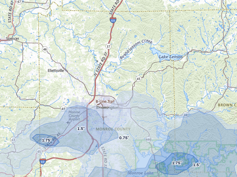 NEXRAD radar-signature map of the hail over Bloomington, IN
