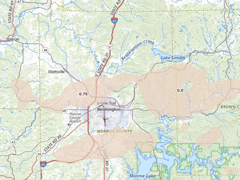 Radar-estimated hail-size map of the storm over Bloomington, IN on May 15, 2026