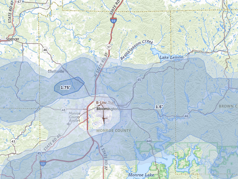 NEXRAD radar-signature map of the hail storm over Bloomington, IN on May 15, 2026