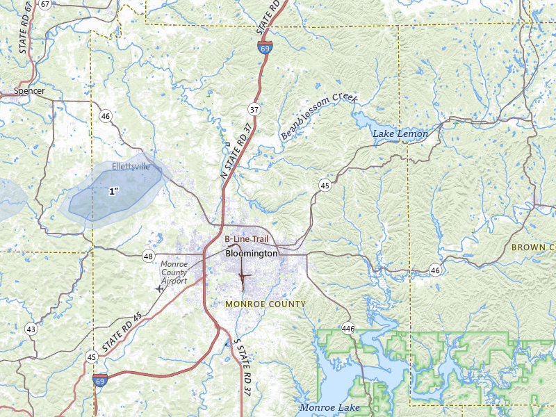 NEXRAD radar-signature map of the hail over Bloomington, IN