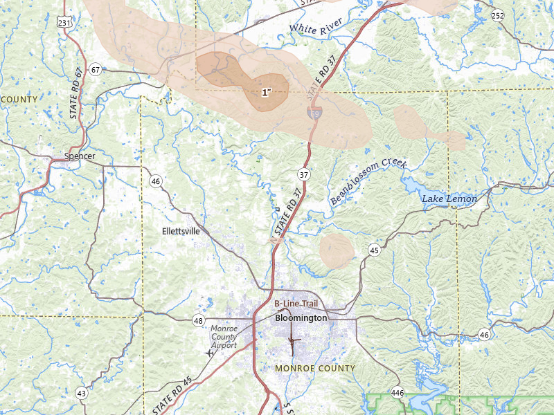 Radar-estimated hail-size map of the storm over Bloomington, IN on Aug 11, 2026