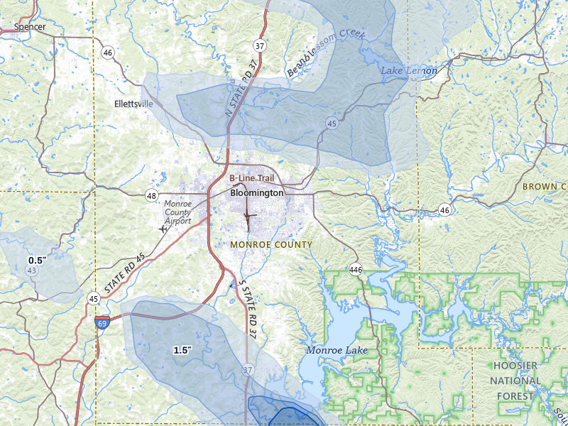 NEXRAD radar-signature map of the hail storm over Bloomington, IN on Aug 11, 2026