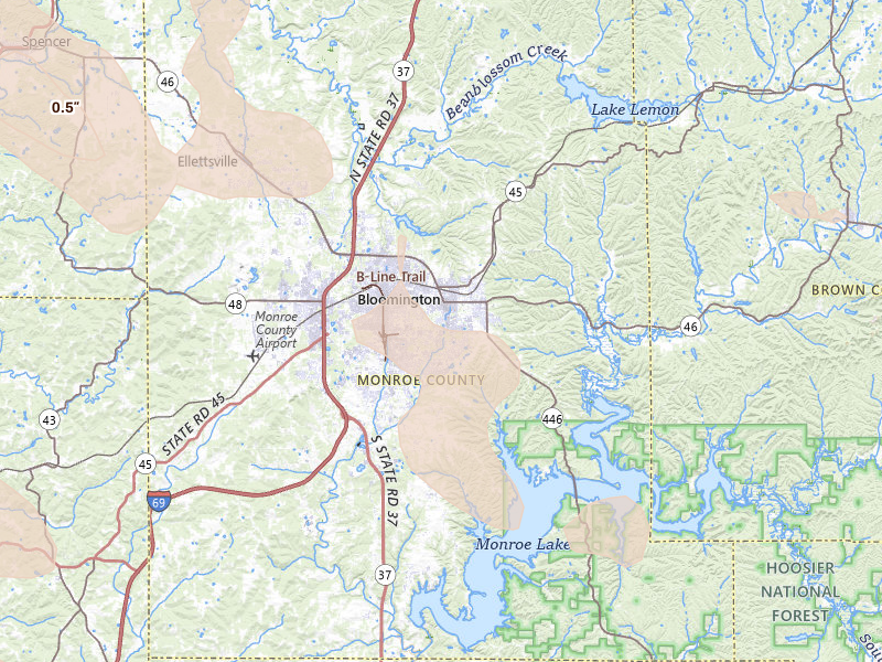 Radar-estimated hail-size map of the storm over Bloomington, IN on Aug 26, 2026