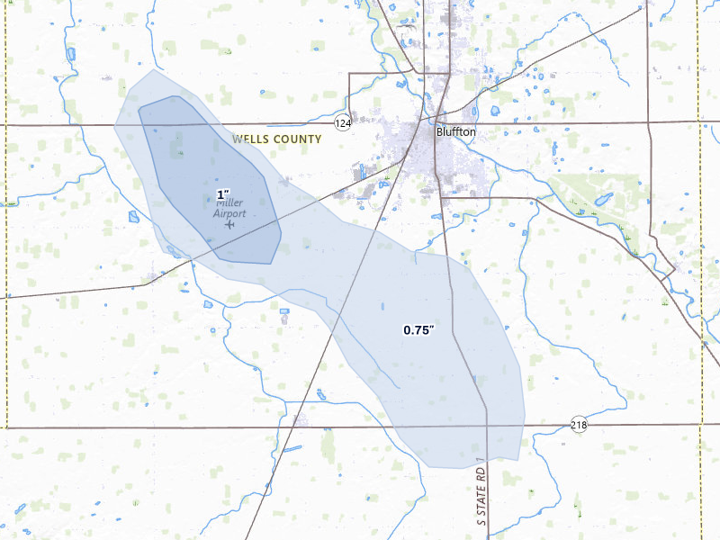 NEXRAD radar-signature map of the hail storm over Bluffton, IN on Jul 20, 2026
