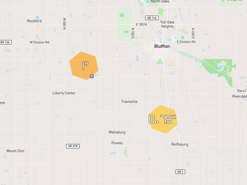 Hail map of Bluffton, IN on Jul 21, 2026, hail up to 1"