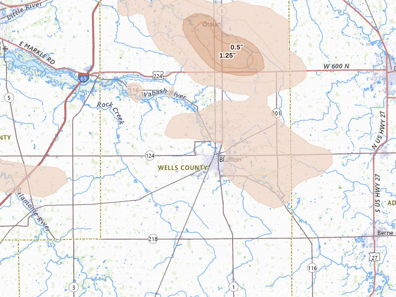 Radar-estimated hail-size map of the storm over Bluffton, IN on Aug 9, 2026