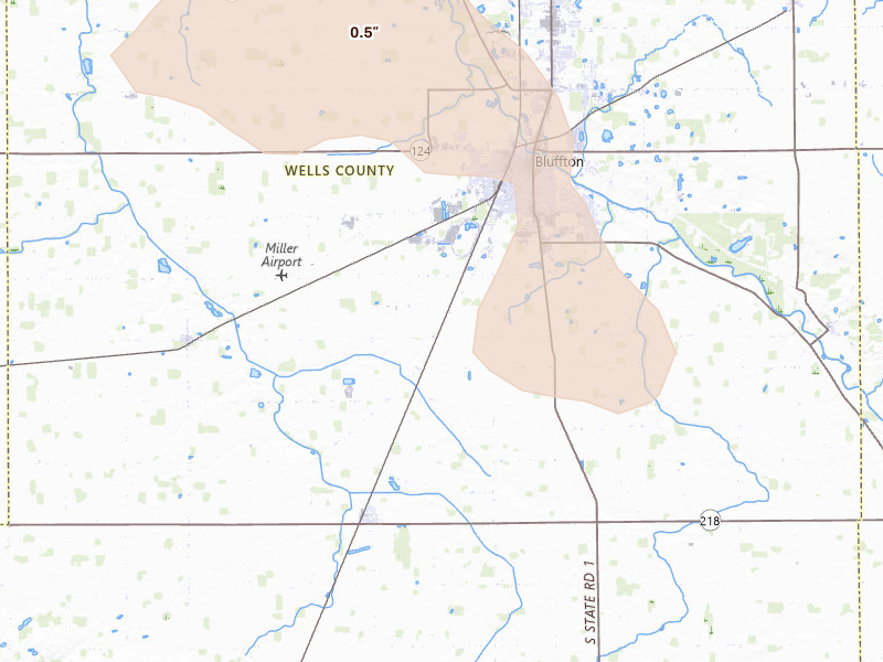 Radar-estimated hail-size map of the storm over Bluffton, IN on Aug 10, 2026
