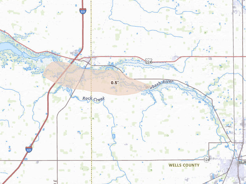 Radar-estimated hail-size map of the storm over Bluffton, IN on Aug 26, 2026