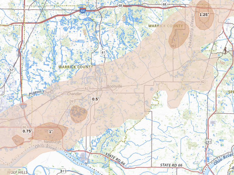 Radar-estimated hail-size map of the storm over Boonville, IN on Apr 27, 2026