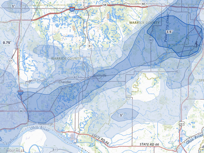 NEXRAD radar-signature map of the hail over Boonville, IN