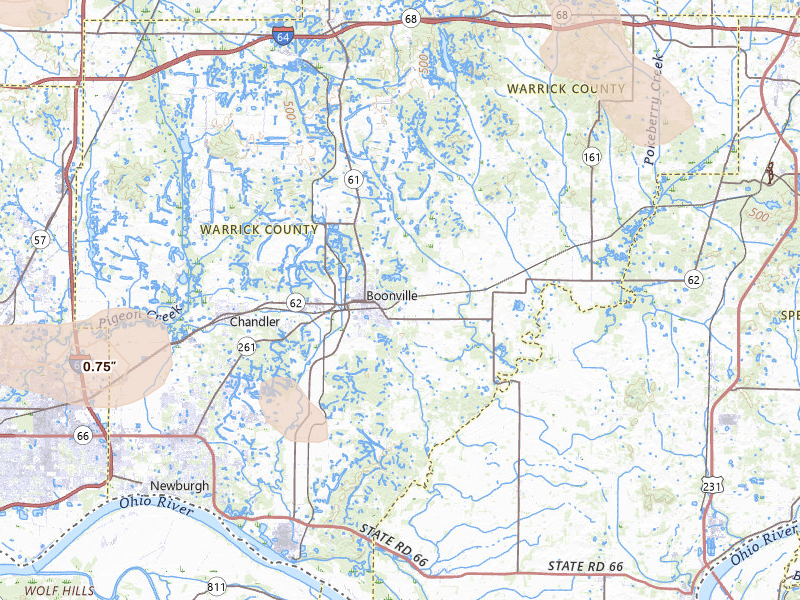 Radar-estimated hail-size map of the storm over Boonville, IN on Jun 25, 2026