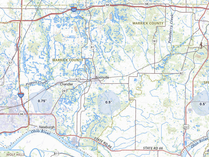 NEXRAD radar-signature map of the hail storm over Boonville, IN on Jun 27, 2026