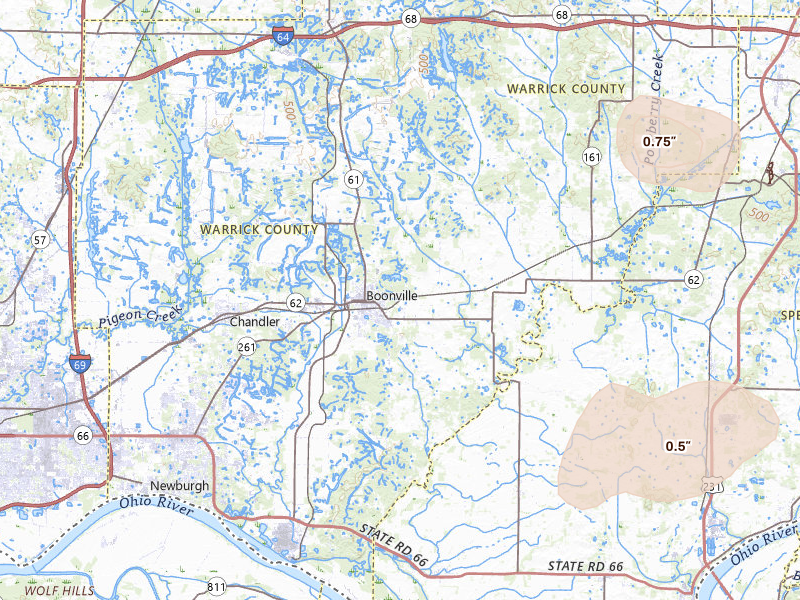 Radar-estimated hail-size map of the storm over Boonville, IN on Jul 9, 2026