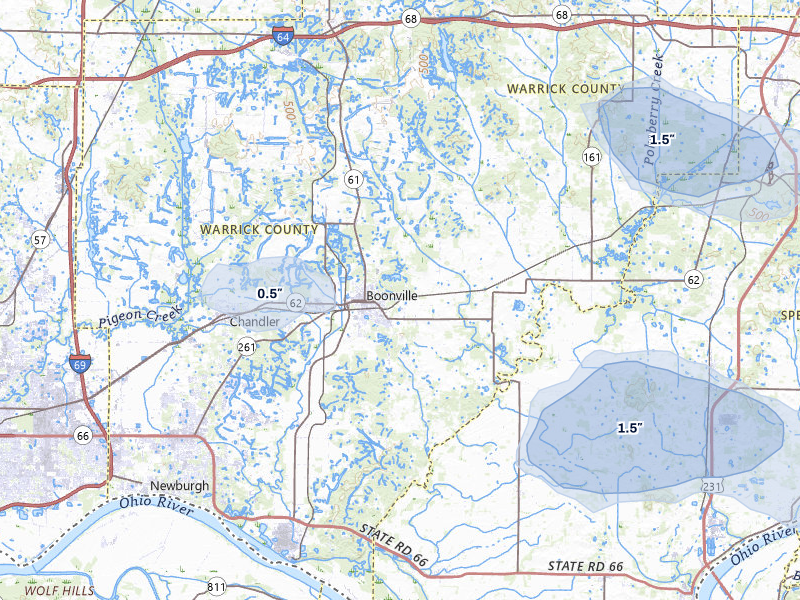 NEXRAD radar-signature map of the hail storm over Boonville, IN on Jul 9, 2026