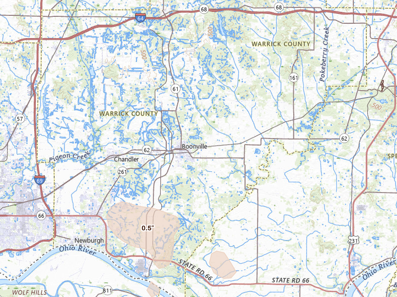 Radar-estimated hail-size map of the storm over Boonville, IN on Jul 18, 2026