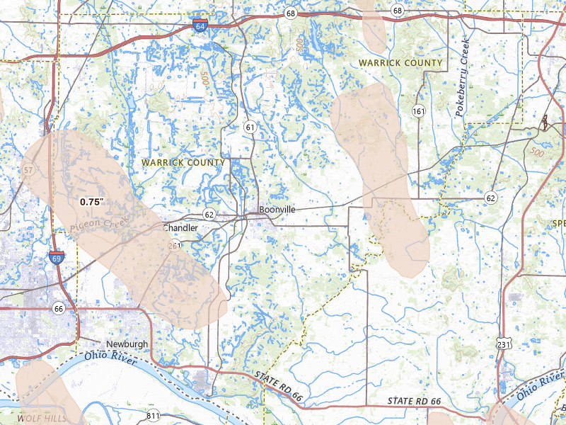 Radar-estimated hail-size map of the storm over Boonville, IN on Jul 26, 2026