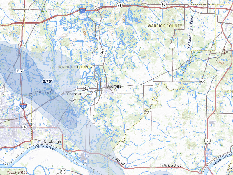 NEXRAD radar-signature map of the hail storm over Boonville, IN on Jul 26, 2026