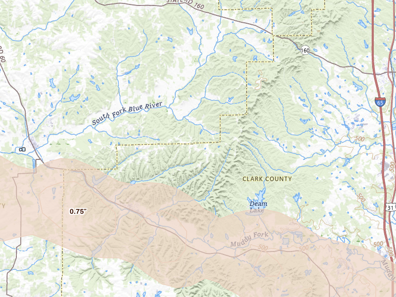Radar-estimated hail-size map of the storm over Borden, IN on Jul 21, 2026