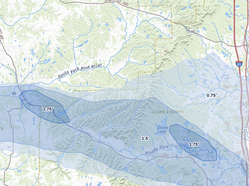 NEXRAD radar-signature map of the hail over Borden, IN