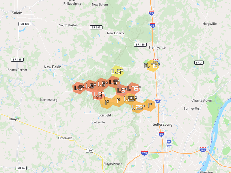 Hail map of Borden, IN on Jul 21, 2026, hail up to 1.75"