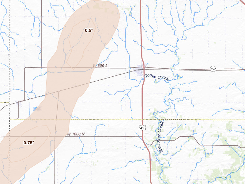 Radar-estimated hail-size map of the storm over Boswell, IN on Jul 3, 2026