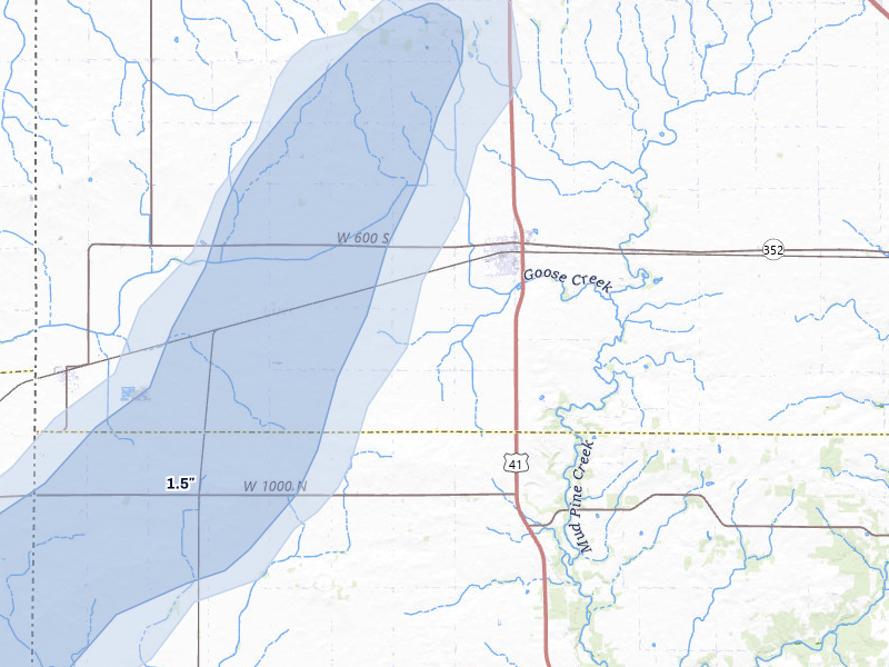 NEXRAD radar-signature map of the hail storm over Boswell, IN on Jul 3, 2026