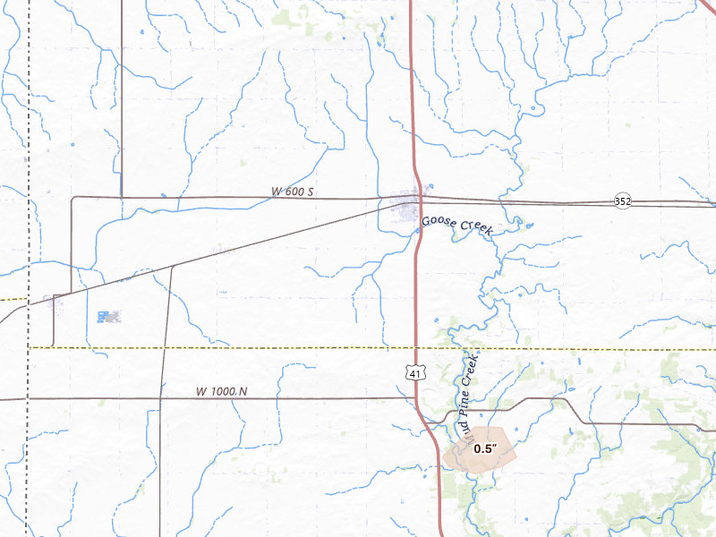 Radar-estimated hail-size map of the storm over Boswell, IN on Jul 10, 2026