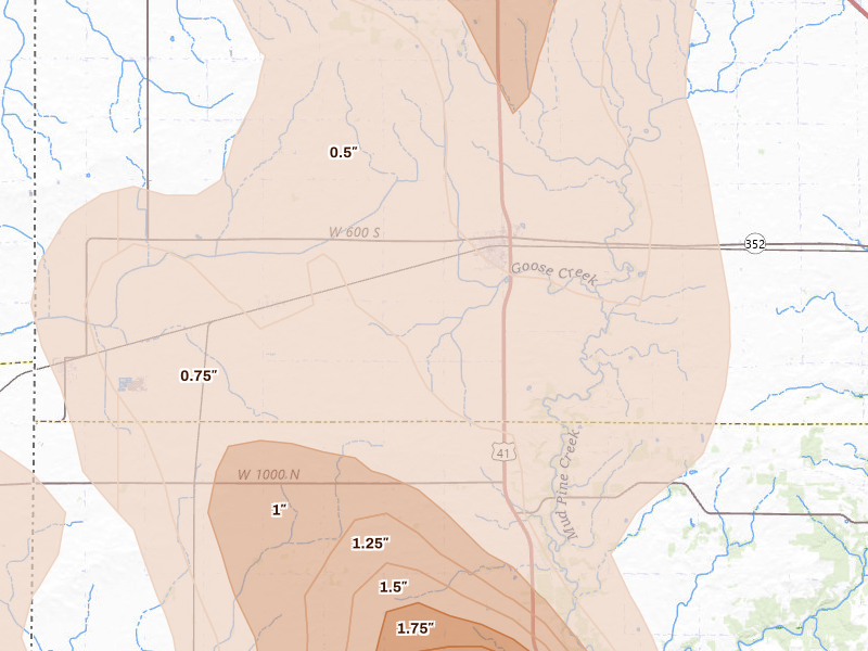 Radar-estimated hail-size map of the storm over Boswell, IN on Jul 27, 2026