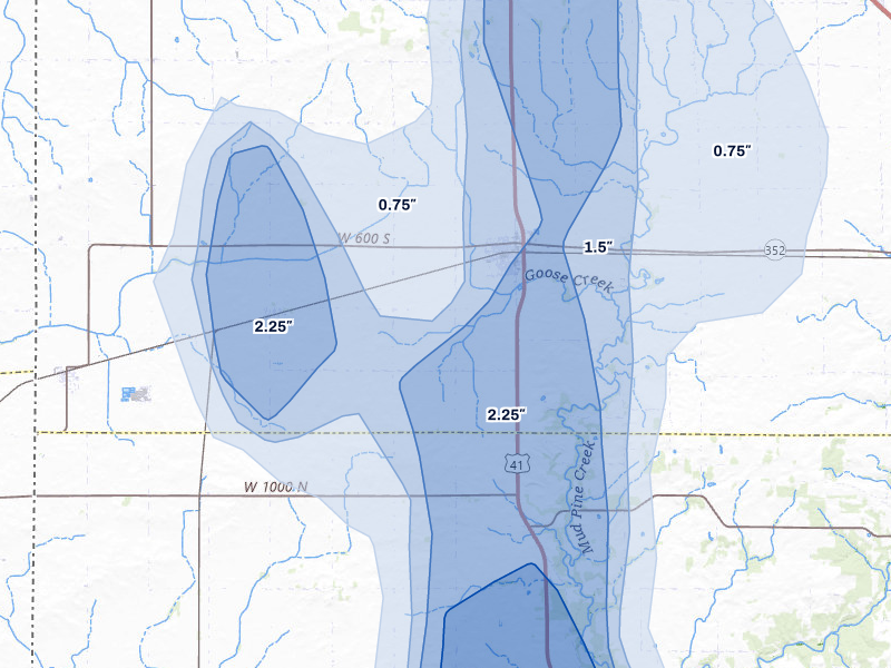 NEXRAD radar-signature map of the hail storm over Boswell, IN on Jul 27, 2026