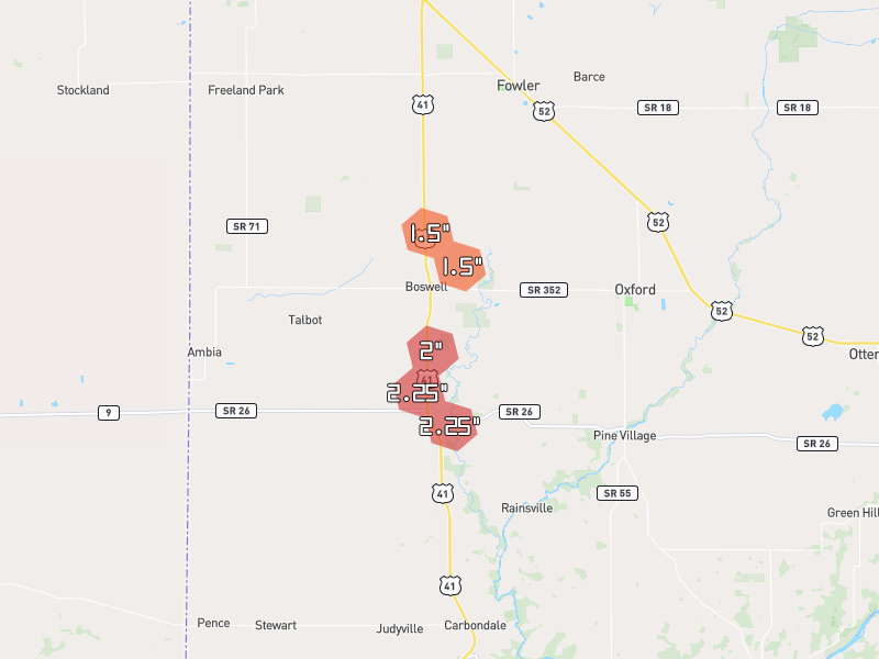 Hail map of Boswell, IN on Jul 28, 2026, hail up to 2.25"