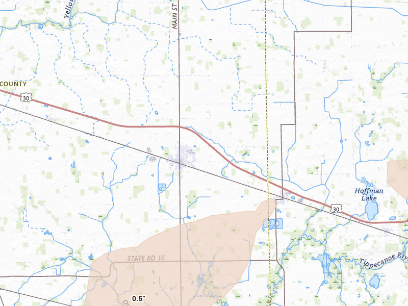 Radar-estimated hail-size map of the storm over Bourbon, IN on Jul 3, 2026
