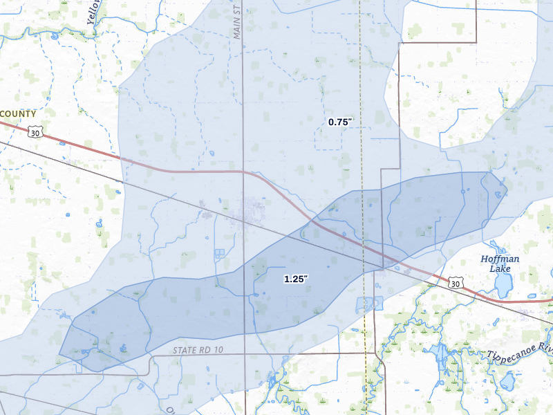 NEXRAD radar-signature map of the hail over Bourbon, IN