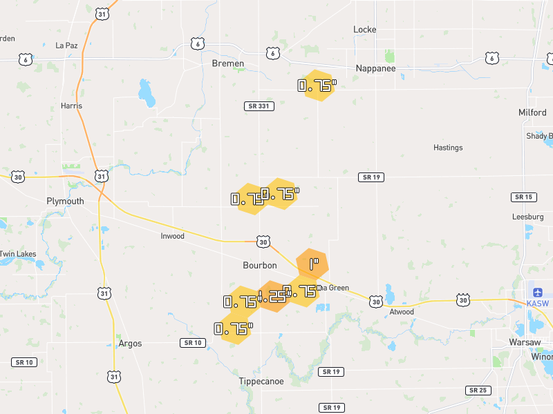 Hail map of Bourbon, IN on Jul 4, 2026, hail up to 1.25"
