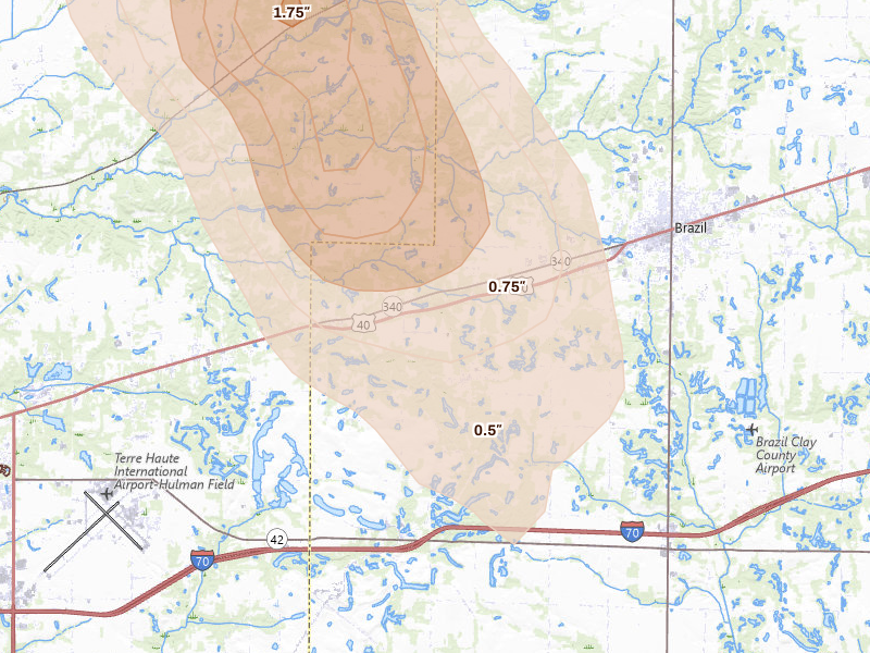 Radar-estimated hail-size map of the storm over Brazil, IN on Jul 27, 2026