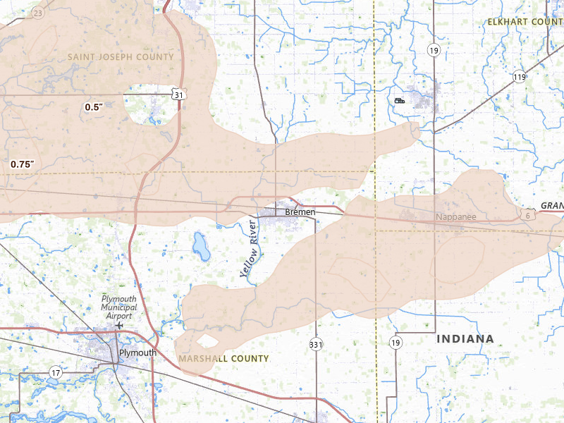 Radar-estimated hail-size map of the storm over Bremen, IN on Mar 10, 2026