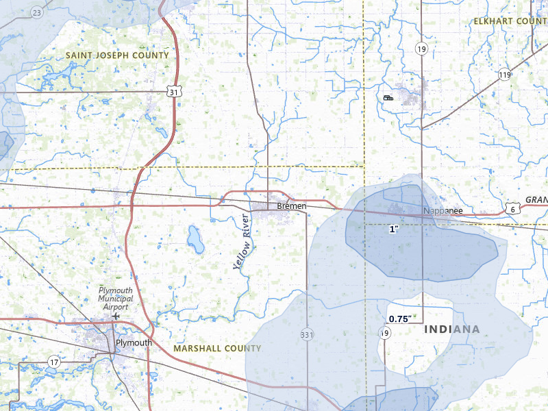 NEXRAD radar-signature map of the hail storm over Bremen, IN on Jul 3, 2026