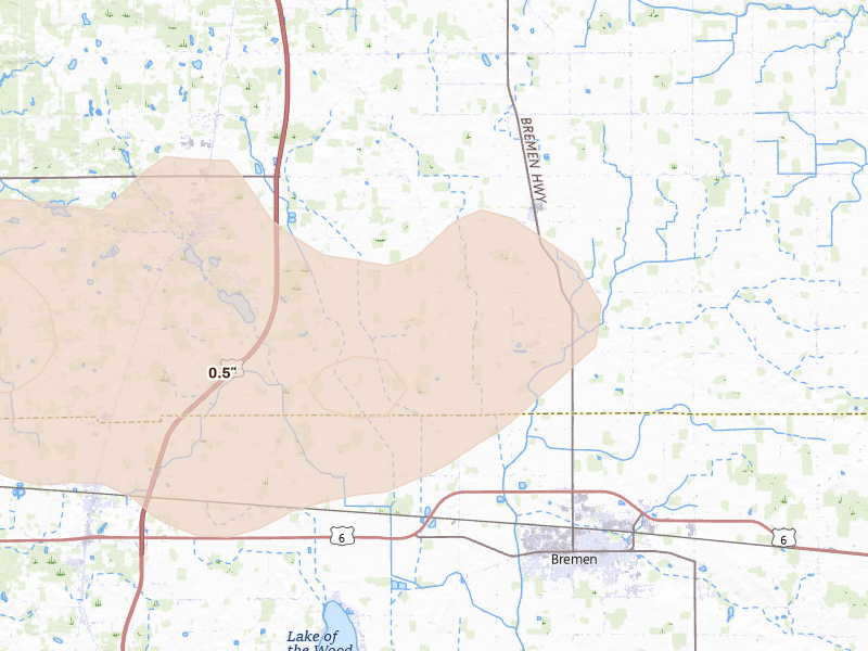 Radar-estimated hail-size map of the storm over Bremen, IN on Aug 9, 2026