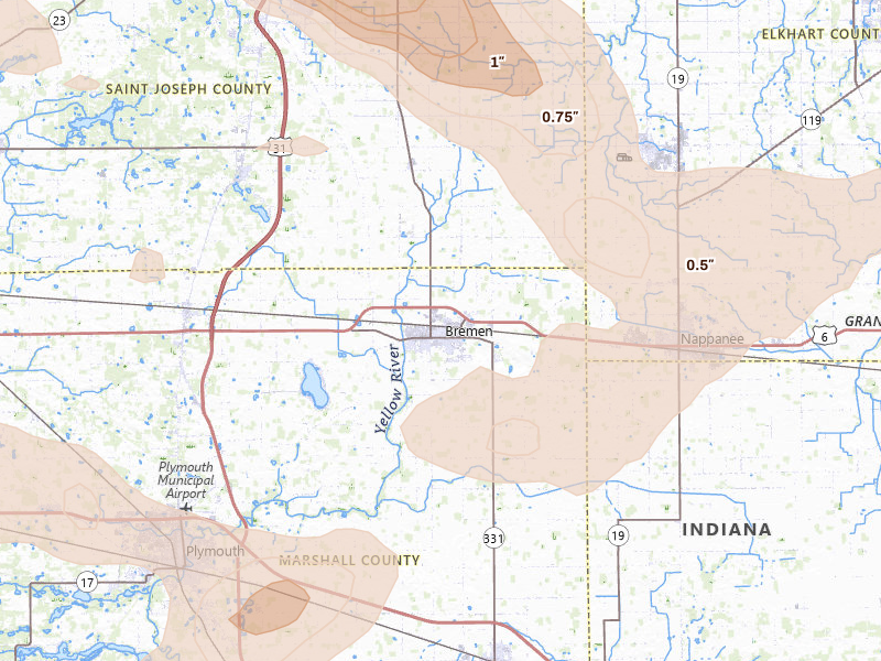 Radar-estimated hail-size map of the storm over Bremen, IN on Aug 10, 2026