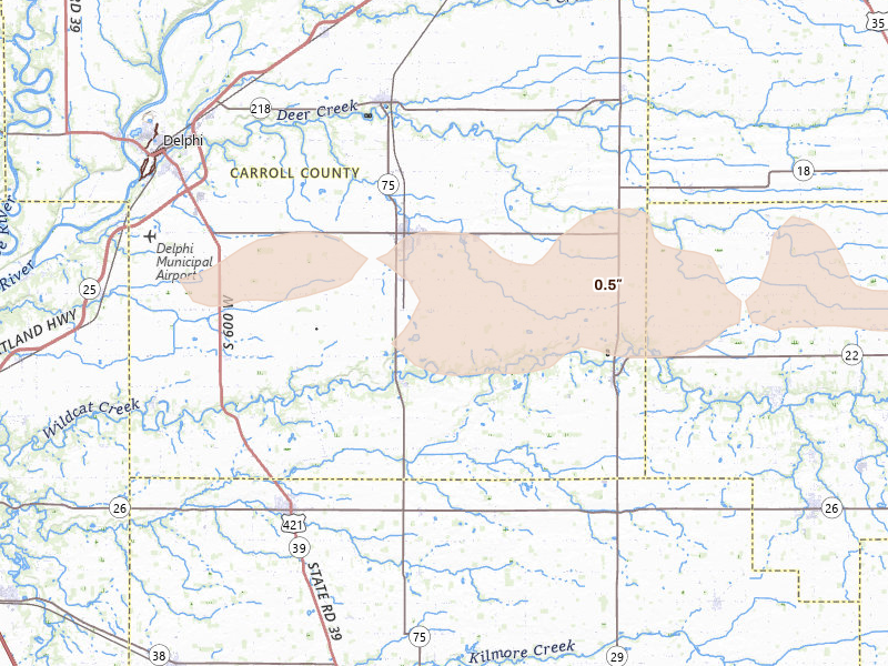 Radar-estimated hail-size map of the storm over Bringhurst, IN on Mar 22, 2026