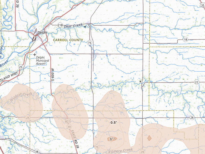 Radar-estimated hail-size map of the storm over Bringhurst, IN on Mar 26, 2026