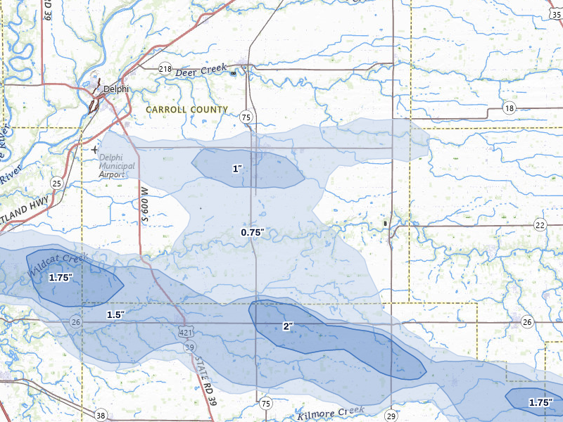 NEXRAD radar-signature map of the hail over Bringhurst, IN